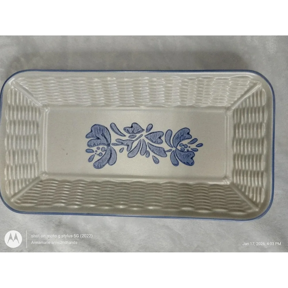 Pfaltzgraff Blue Floral Stoneware Tray‎ Basketweave Rectangular USA